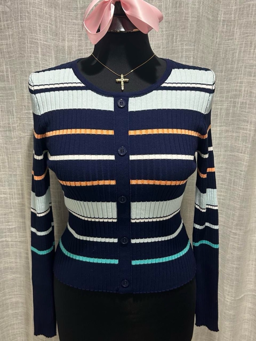 Striped Navy Knit Button-Front Women's Sweater